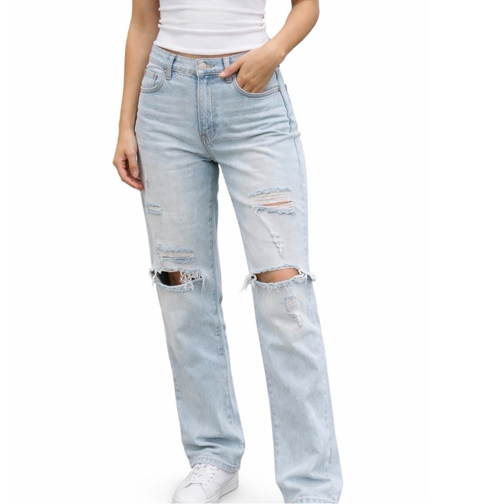 American Eagle Jeans 5 button fly distressed light wash stone/acid washed SZ 2